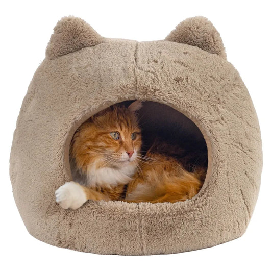 Meow Hut Covered Cat Bed Cave for Indoor Cats Cozy Enclosed with Removable Cushion 16 x 15 x 15 For Small Pets Up to 15 lbs Tan