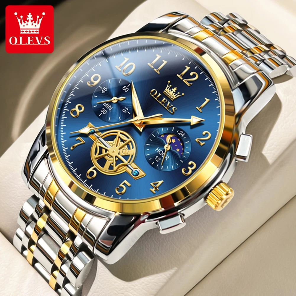 OLEVS Moon Phase Men's Watch Stainless Steel Waterproof Skeleton Chronograph