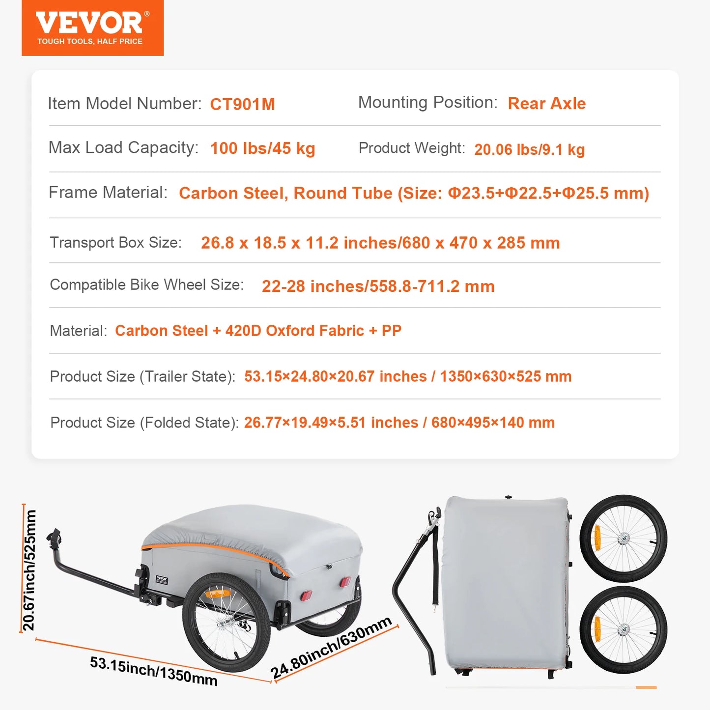 SucceBuy 100lbs Bike Cargo Trailer Foldable Bicycle Wagon Cart with Waterproof Cover & Safe Reflectors Fits 22"-28" Bike Wheel