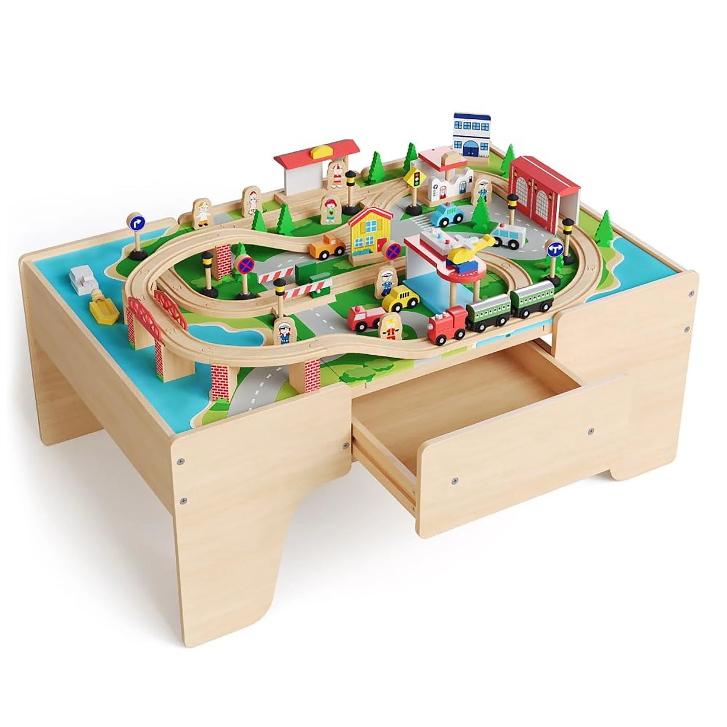 84PCS Wooden Train Table Set For Toddlers 3+, Kids Activity Play Table With Tracks, Trains, Bridges, City Accessories & Storage Drawer