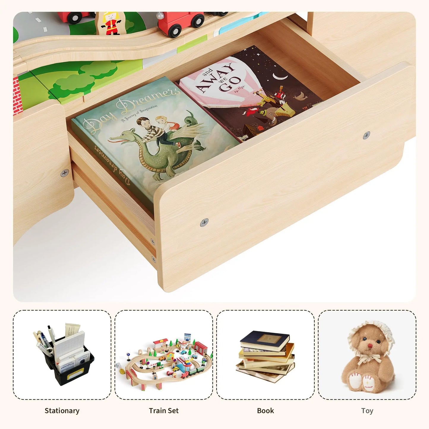 84PCS Wooden Train Table Set For Toddlers 3+, Kids Activity Play Table With Tracks, Trains, Bridges, City Accessories & Storage Drawer