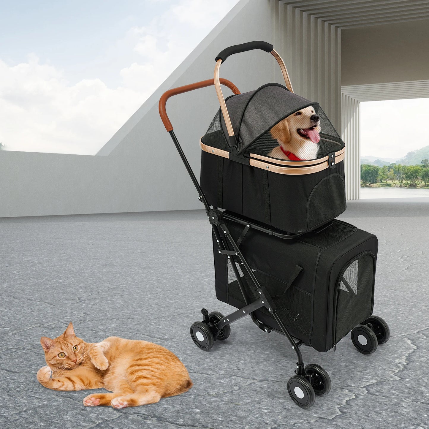 Dog and Cat Stroller Foldable Pet Stroller for Small and Medium Dogs 2 Tiers 35kg Load-Capacity for Traveling/Shopping