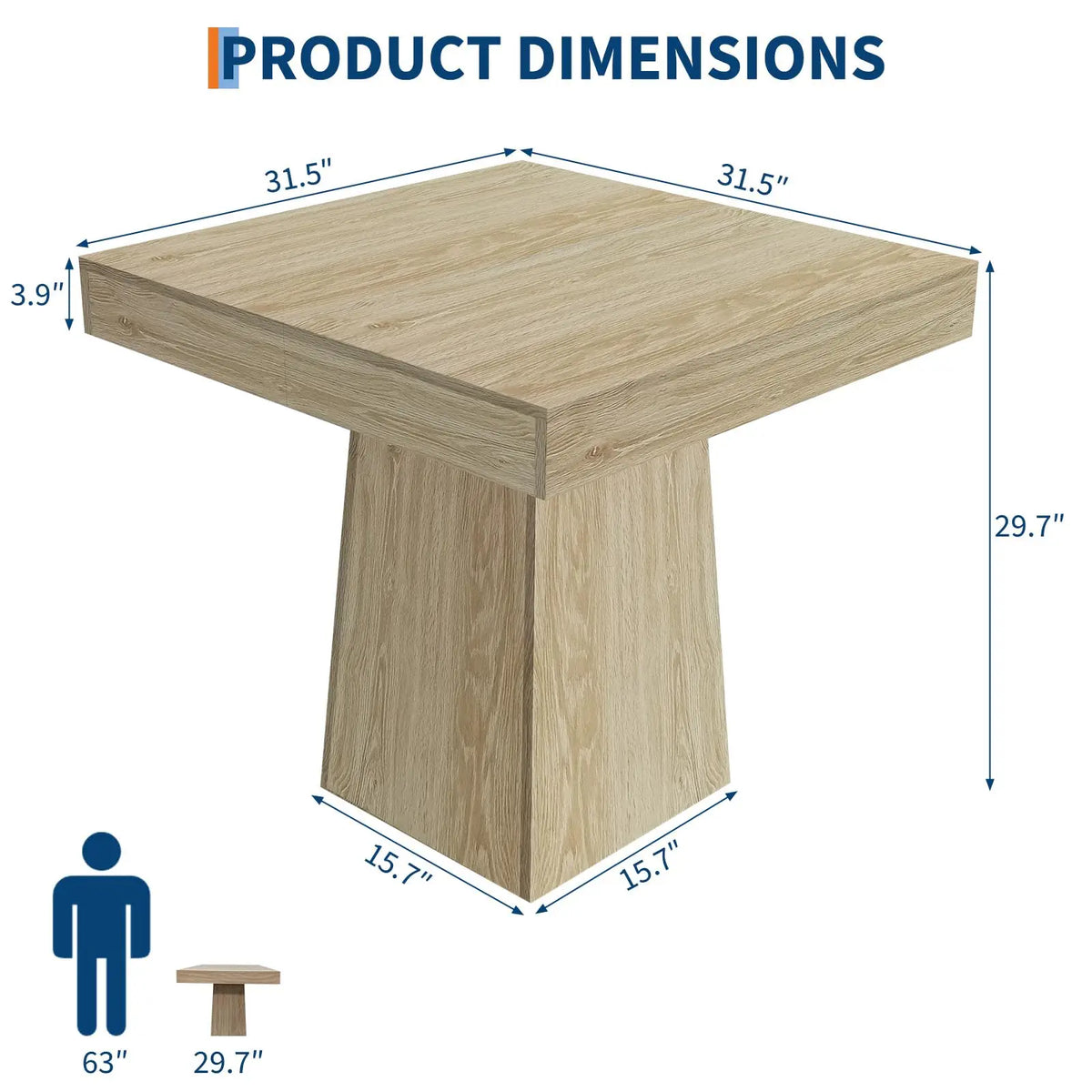 31.5in Square Dining Table For 4, Farmhouse Wood Pedestal Kitchen Table For Apartment, Small Dining Room, Cafe, 29.7in High