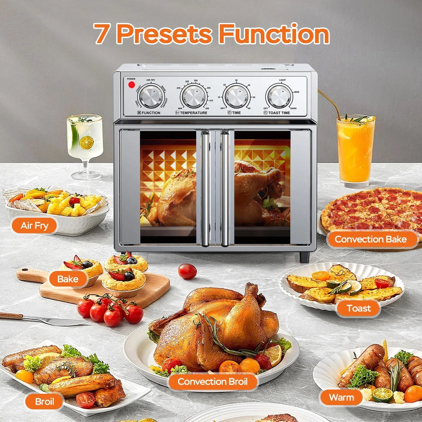 29.5 QT French Door Air Fryer Convection Toaster Oven, Extra Large 6 Slices, 1700W, Multifunction Oven for Air Fryer, Toast, Grill, Defrost, Bake, Time and Temperature Controls, Silver