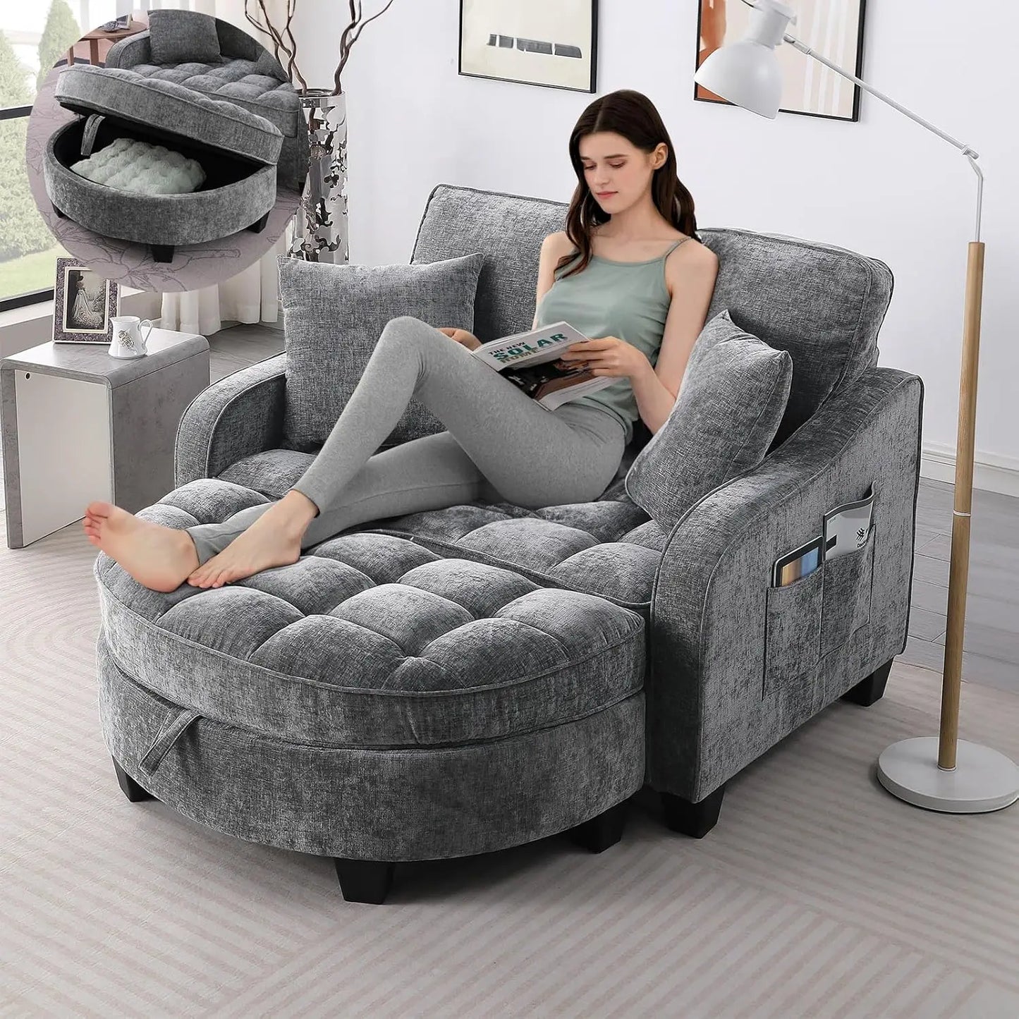 Oversized Curved Chaise Lounge Chair With Ottoman Chenille