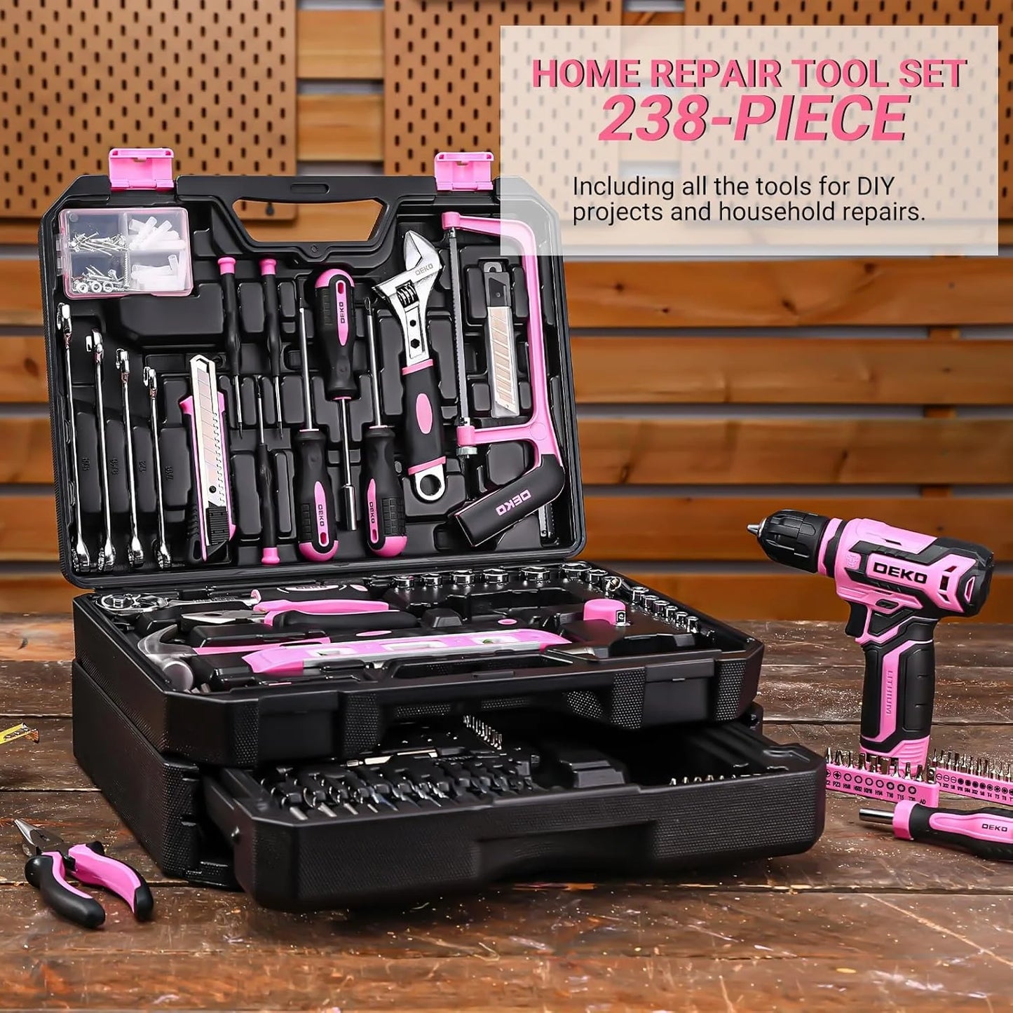 DEKO 12V Cordless Drill and Mechanic Tool Set with Storage