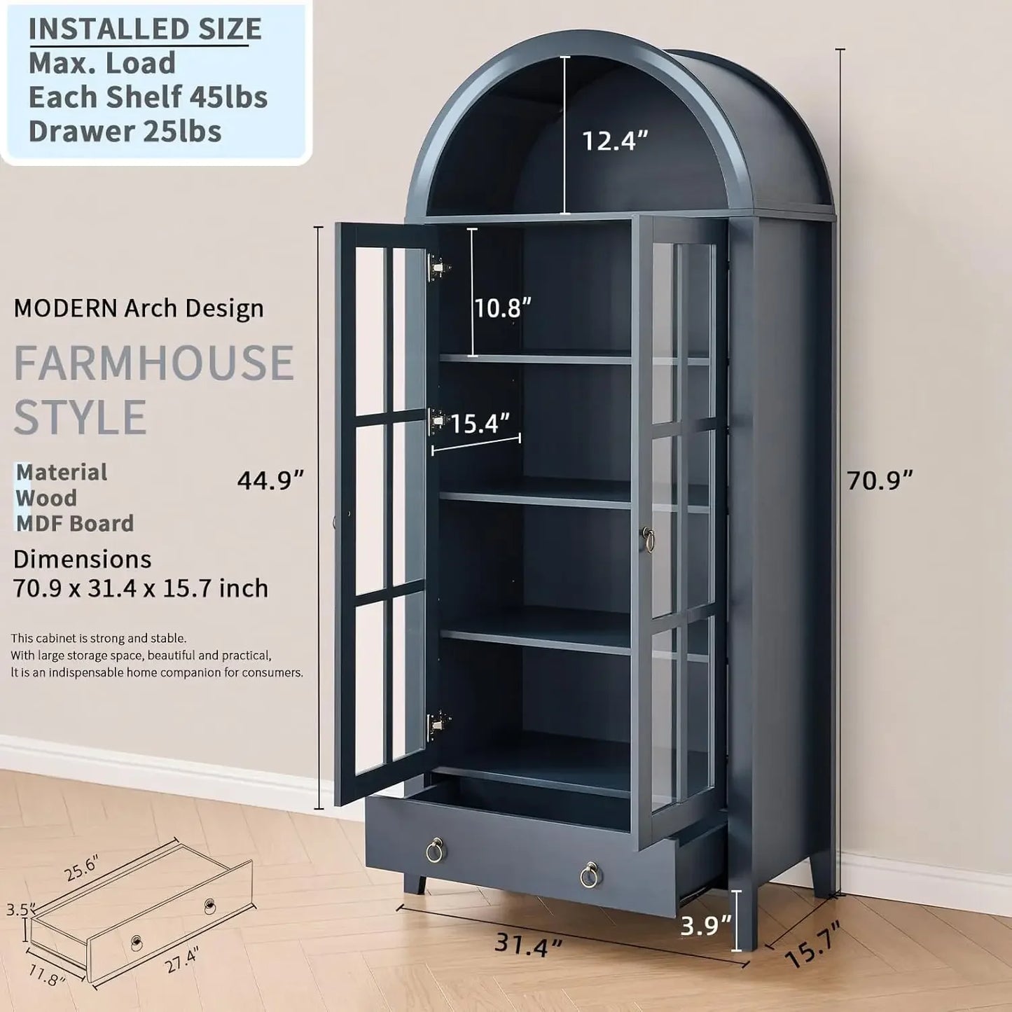 Farmhouse Arched Wood Cabinet With Glass Doors And Drawer