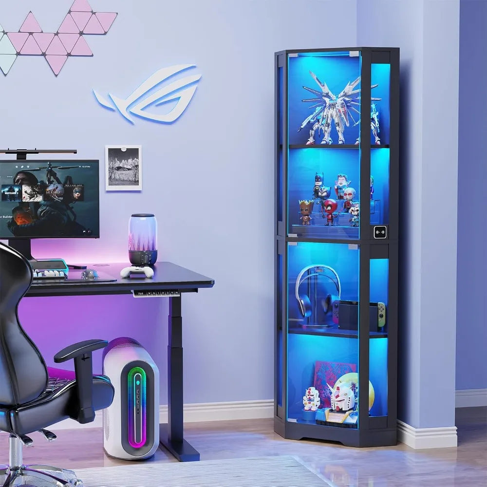 Corner Glass Display Cabinet With Led Lights And Motion Sensor