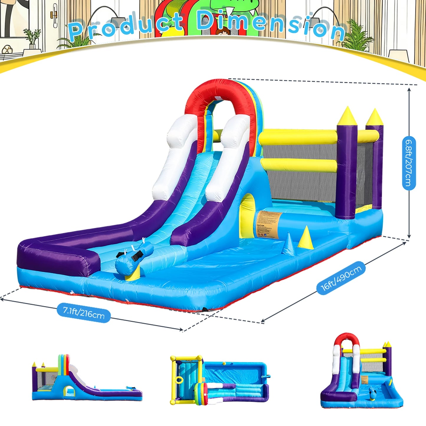 New Oxford cloth 16ft  4.9m Inflatable Water Slide Bounce House w/ Splash Pool & 480W Blower for Kids Party