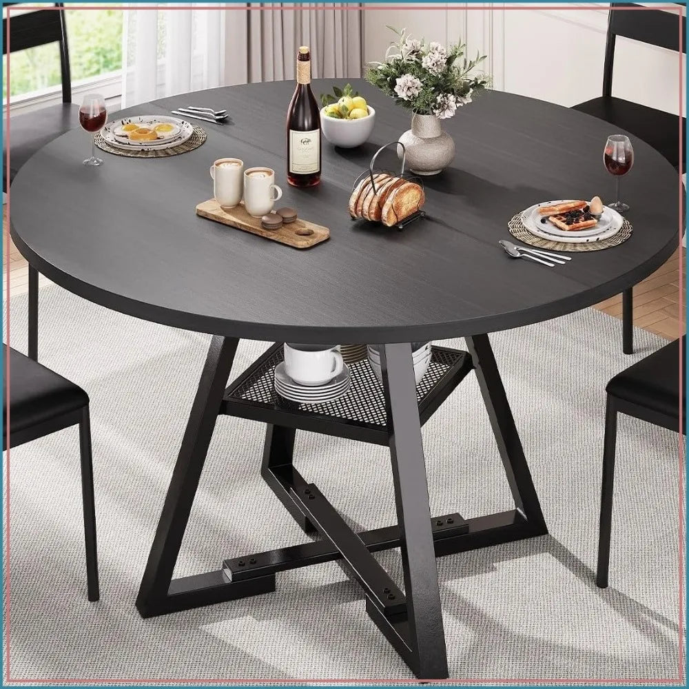 Round Dining Table for 4, 42In Pedestal Table, Space Saving Wood Kitchen Table, Black
