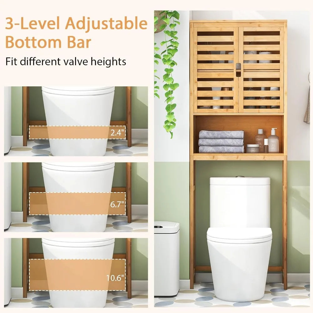 freestanding tall natural bamboo over-the-toilet storage cabinet with 2 doors and open shelf