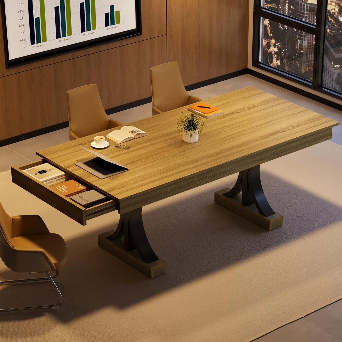 71 Inch Dining Table For 6-8 With 2 Drawers, Industrial Rectangular Wooden Kitchen Table, Double Pedestal Base For Home Office