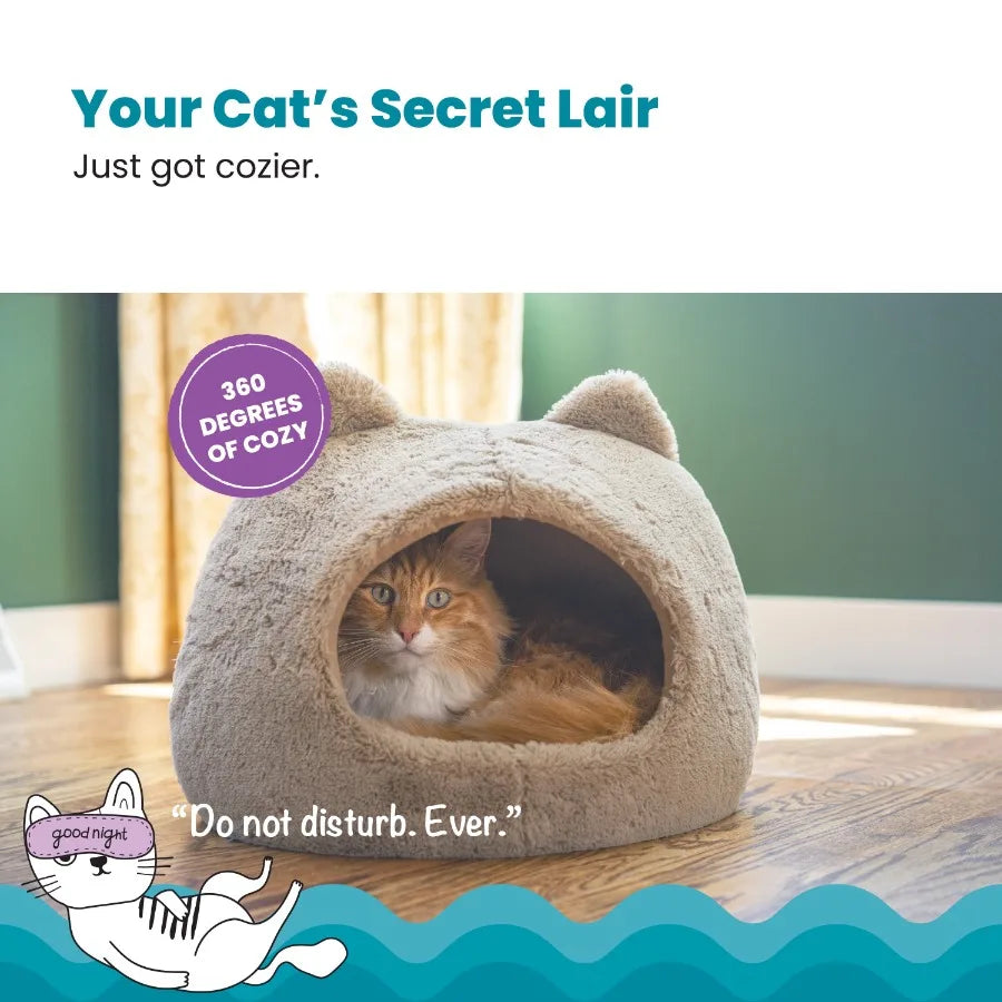 Meow Hut Covered Cat Bed Cave for Indoor Cats Cozy Enclosed with Removable Cushion 16 x 15 x 15 For Small Pets Up to 15 lbs Tan