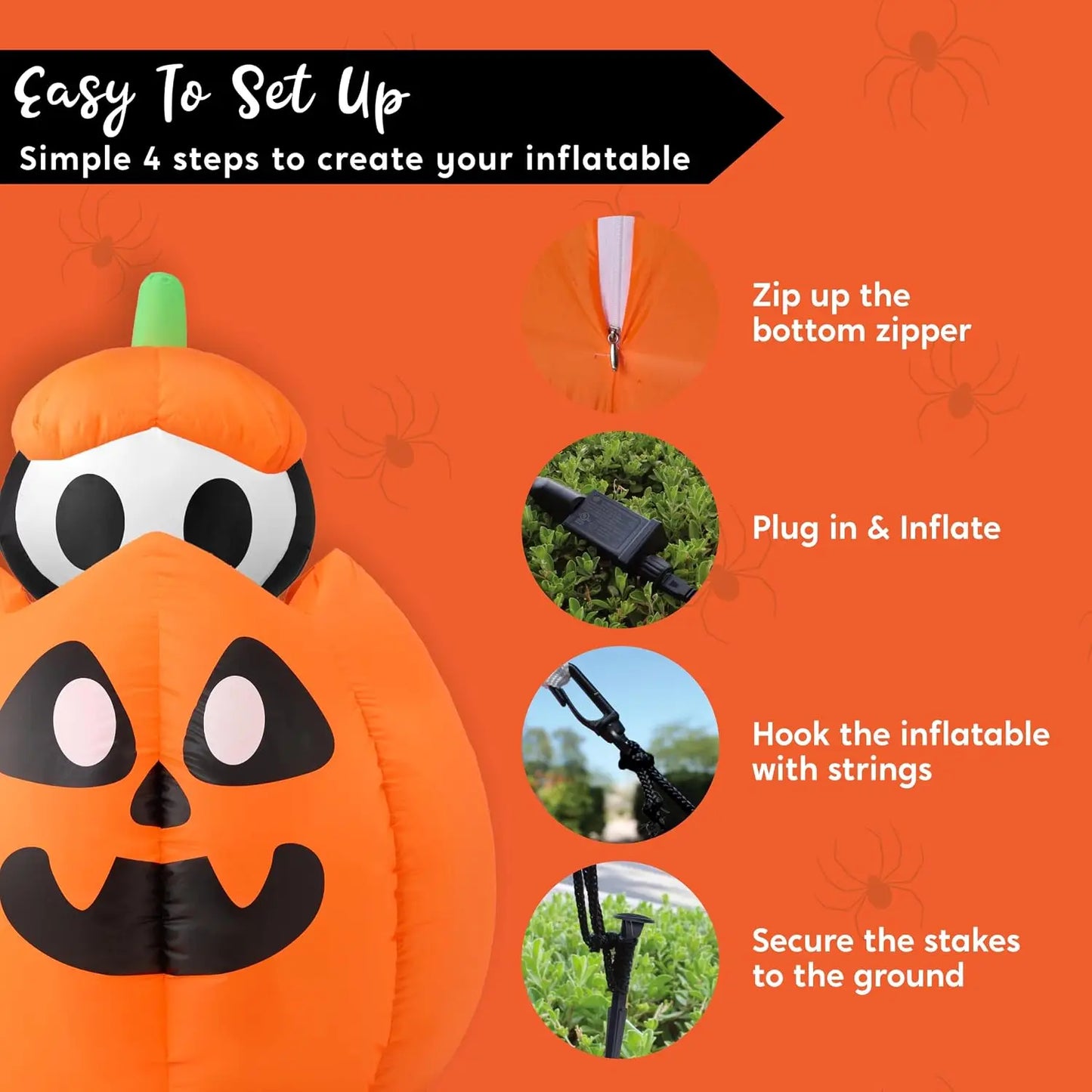 5FT Halloween Animated Inflatables Outdoor Decorations, Inflatable Skeleton On Pumpkin with LEDs, Cute Blow Up Pumpkin Skeleton Decor for Outside Yard Indoor Lawn Garden Party Decoration