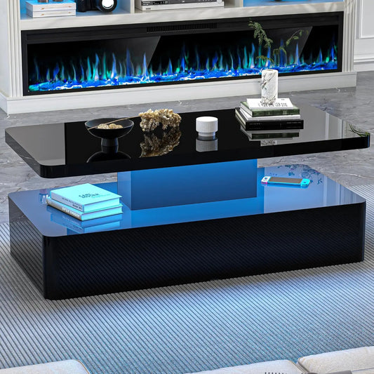 Contemporary LED Coffee Table High Gloss 2 Tiers Rounded Corner Hidden Power Supply Living Room 16 Colors Customized