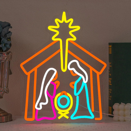 Nativity Neon Sign with Jesus LED Light Up for Christmas Wall Decor Birthday Party in Bedroom Backyard and Church Settings