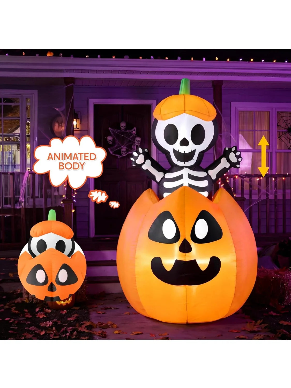 5FT Halloween Animated Inflatables Outdoor Decorations, Inflatable Skeleton On Pumpkin with LEDs, Cute Blow Up Pumpkin Skeleton Decor for Outside Yard Indoor Lawn Garden Party Decoration