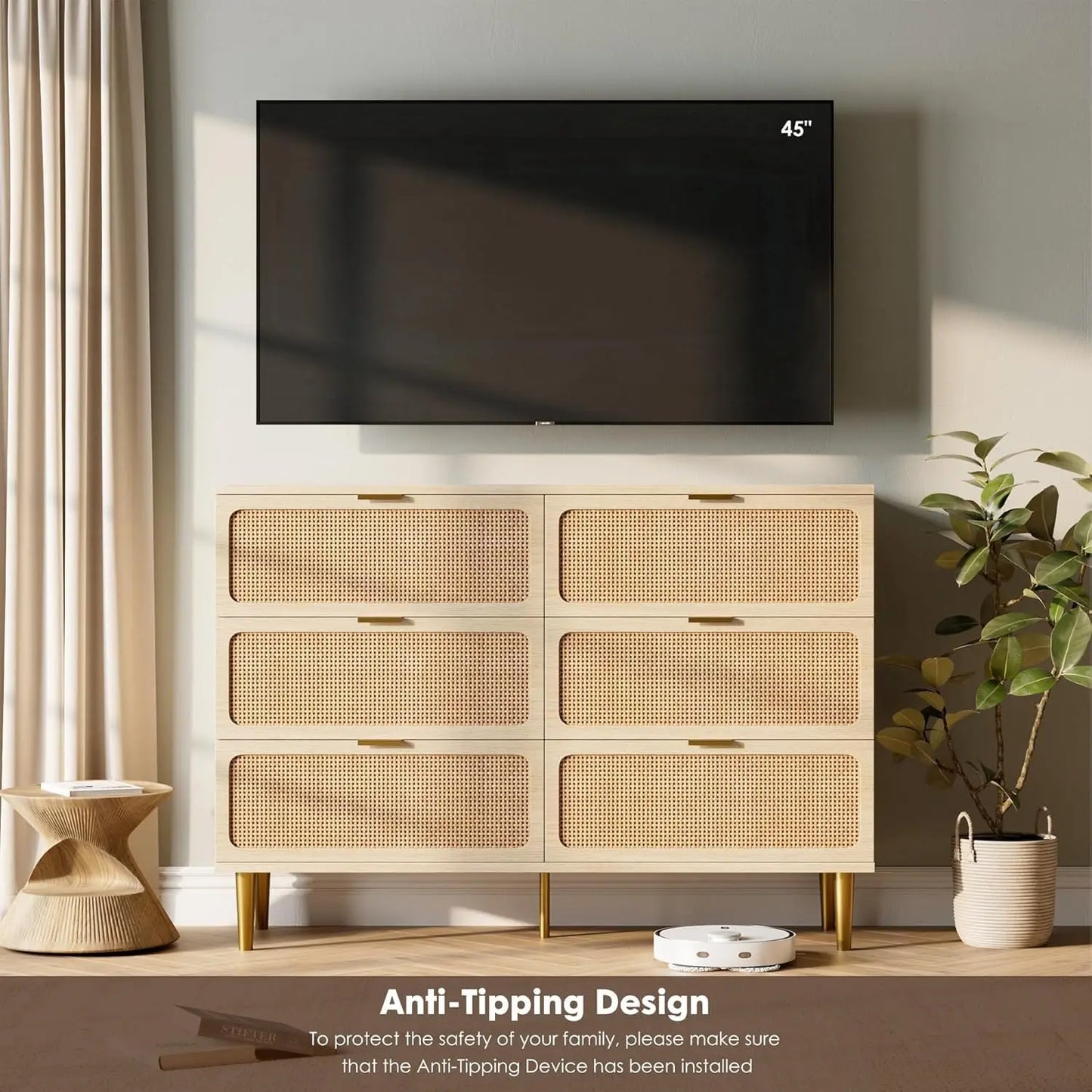 47.2in 6 Drawer Natural Rattan Dresser for Bedroom, Wooden Dresser with 15.6in Deep Storage & Wide Top, Large Modern Chest of Drawers for Living Room, Hallway and Kids Room Closet,