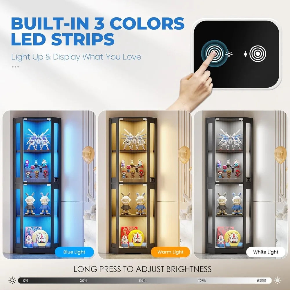 Corner Glass Display Cabinet With Led Lights And Motion Sensor