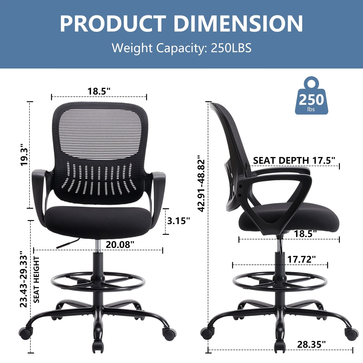 MCQ Tall Drafting Office Chair Ergonomic High Stool Computer with Adjustable Height and Comfy Lumbar Support Swivel Office Chair