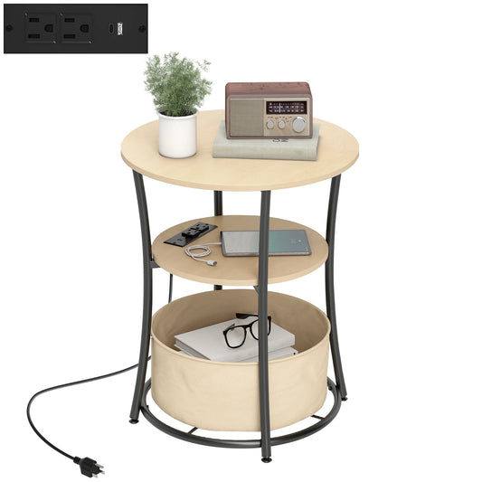 HOMCOM Round Side Table with Charging Station, 3-Tier End Table with Fabric Storage Bag, Shelf and Steel Frame for Living Room, Natural Wood