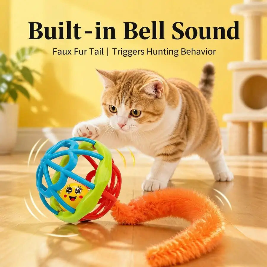 Pet Cat TPR Soft Rubber Teaser Toy Ball With Built-In Bell And Plush Tail, Durable Chew-Resistant Interactive Rolling Ball For