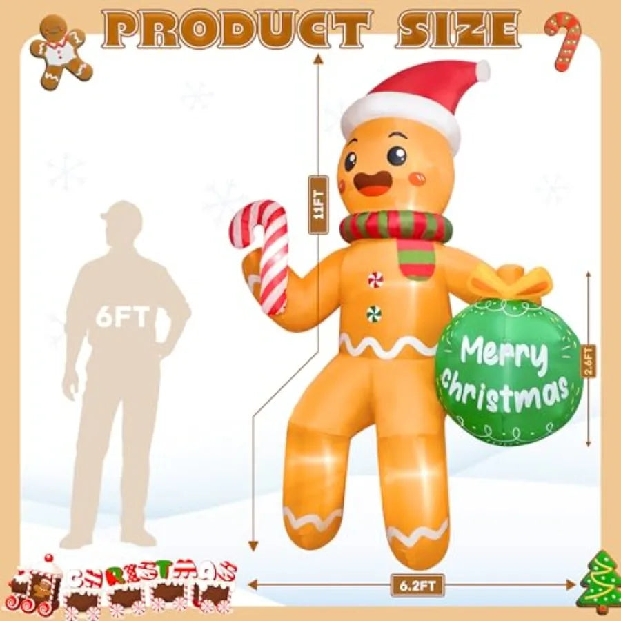 Outdoor Christmas inflatable gingerbread man, 11 FT, PVC material, red and white, built-in LEDs for night visibility
