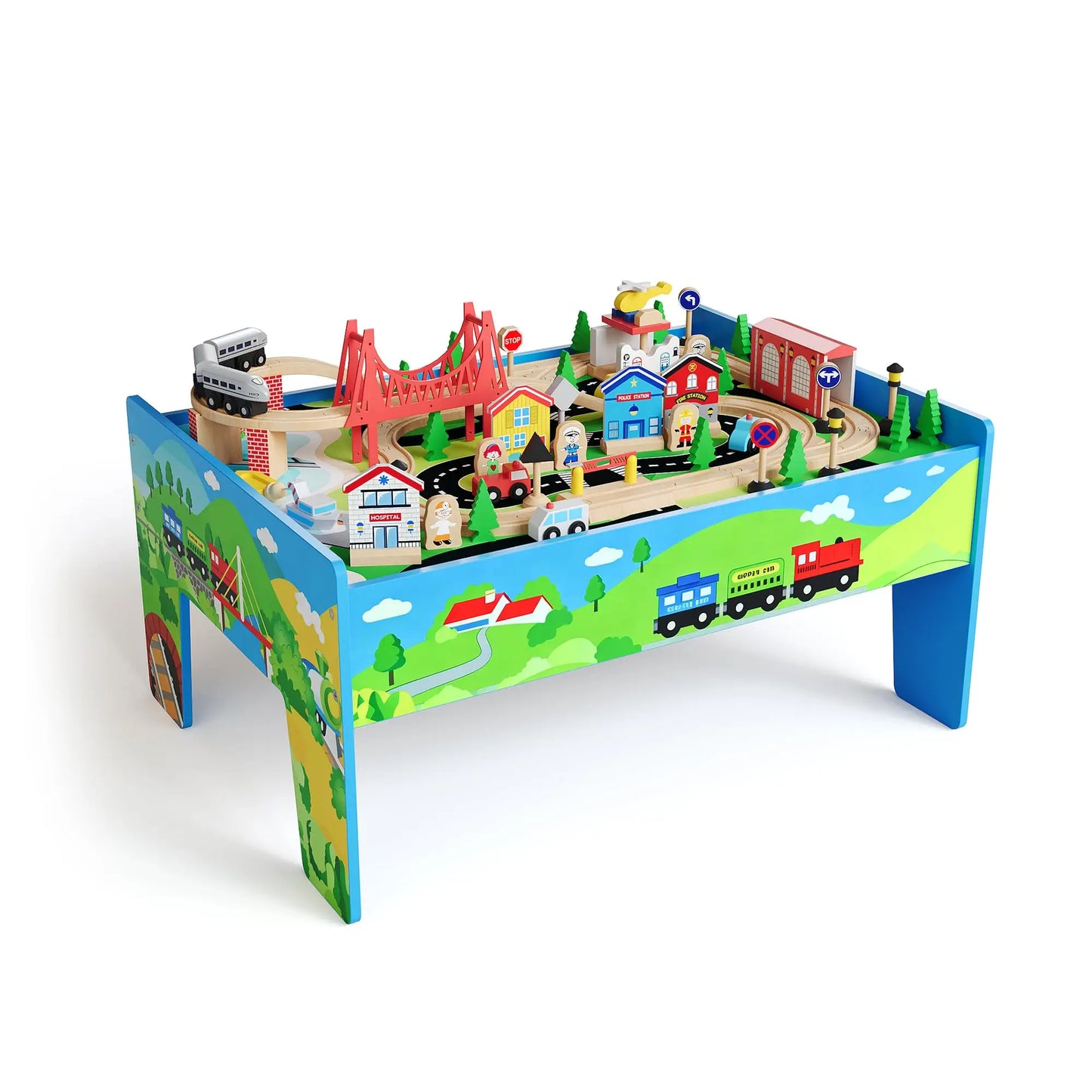 78PCS 4-in-1 Wooden Train Table Set For Kids, Reversible Activity Desk Art Easel Building Block Table With Tracks & Storage Bin