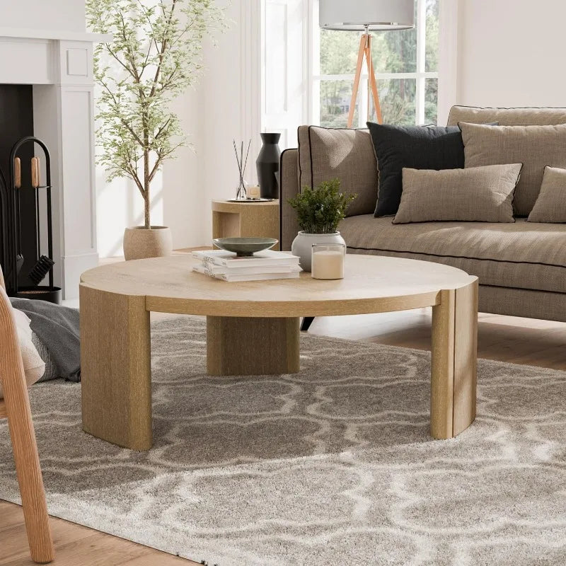 Carys 42” Round Coffee Table, Solid Rubberwood & Oak Veneer, Modern Wood Living Room Table with Plinth Base, Oak Finish