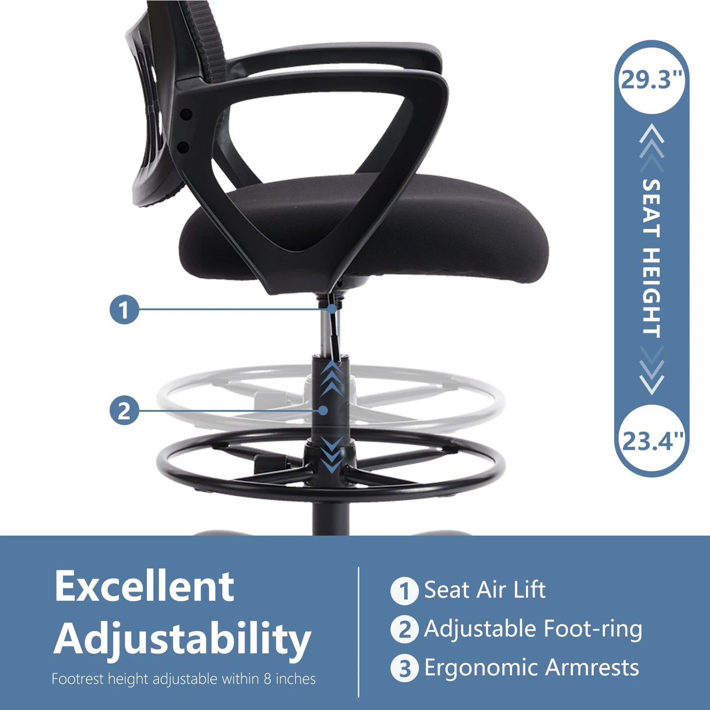 MCQ Tall Drafting Office Chair Ergonomic High Stool Computer with Adjustable Height and Comfy Lumbar Support Swivel Office Chair