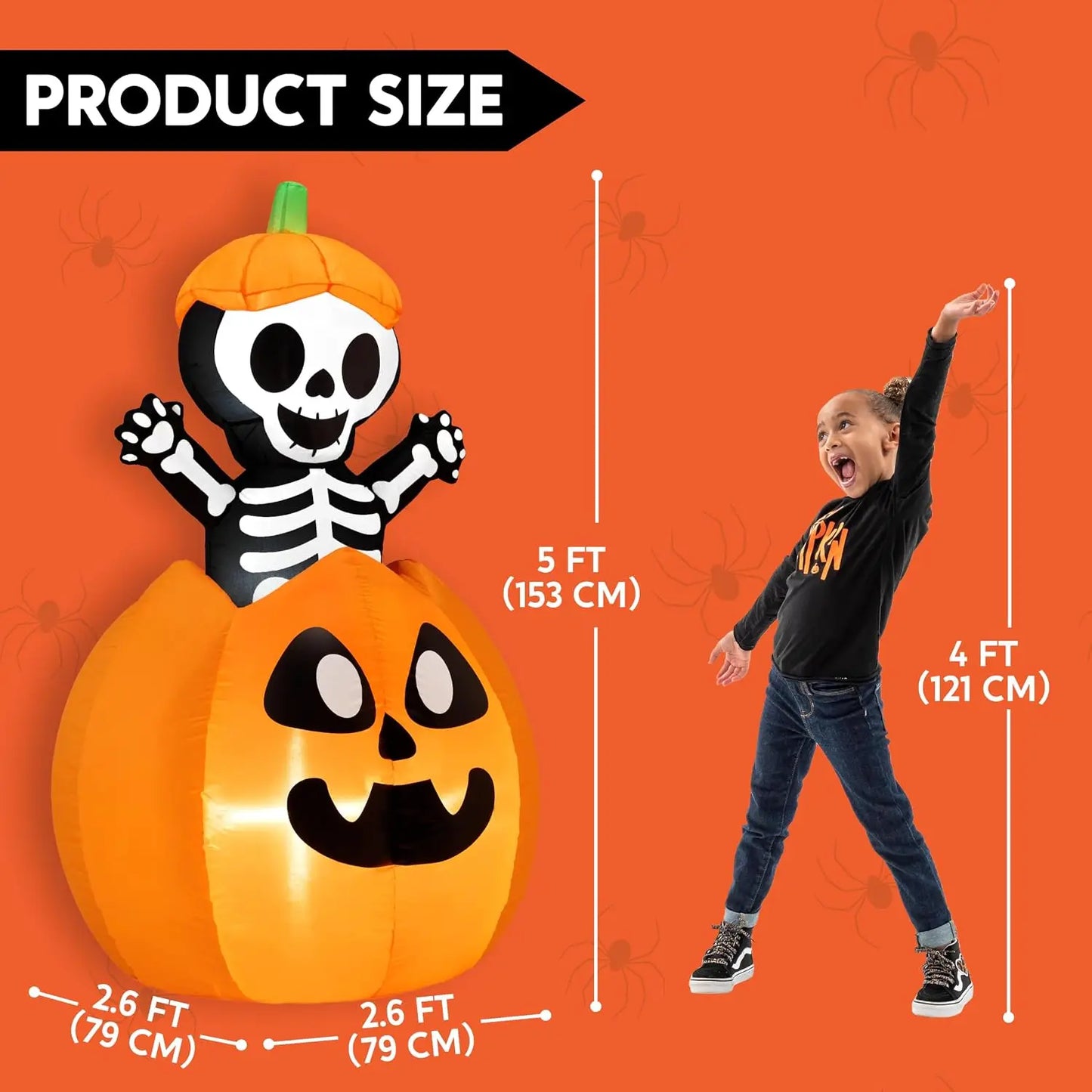 5FT Halloween Animated Inflatables Outdoor Decorations, Inflatable Skeleton On Pumpkin with LEDs, Cute Blow Up Pumpkin Skeleton Decor for Outside Yard Indoor Lawn Garden Party Decoration