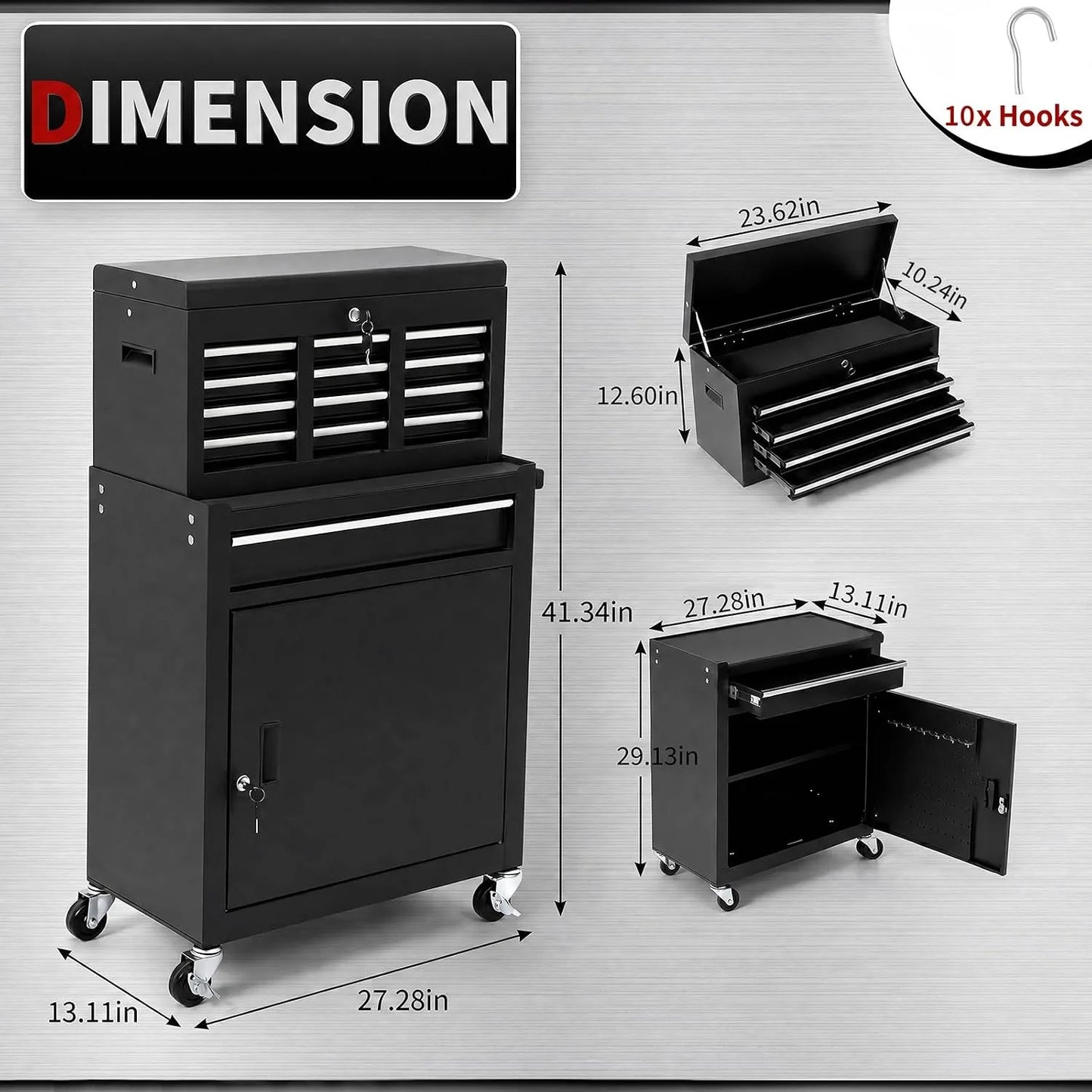 5 Drawer Rolling Tool Cabinet with Lockable Detachable Tool Box, Mobile Steel Tool Storage Organizer with Swivel Wheels, Garage Workshop Mechanic Storage Cart