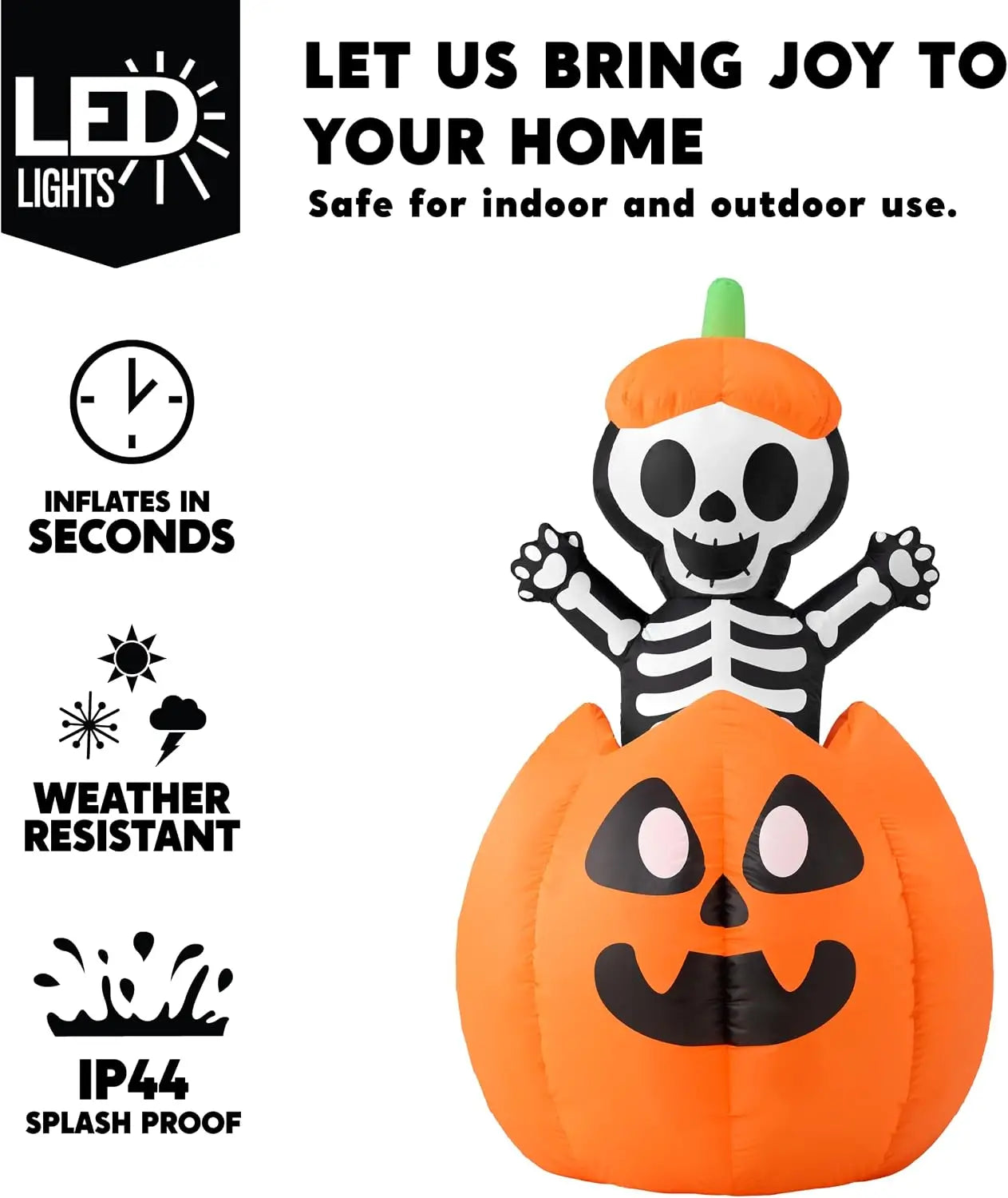 5FT Halloween Animated Inflatables Outdoor Decorations, Inflatable Skeleton On Pumpkin with LEDs, Cute Blow Up Pumpkin Skeleton Decor for Outside Yard Indoor Lawn Garden Party Decoration