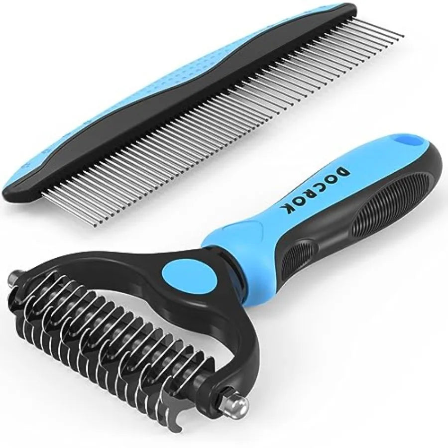 Pet Grooming Combo - Deshedding Brush with Metal Comb for Detangling and Dematting Long, Matted Fur on Cats and Dogs