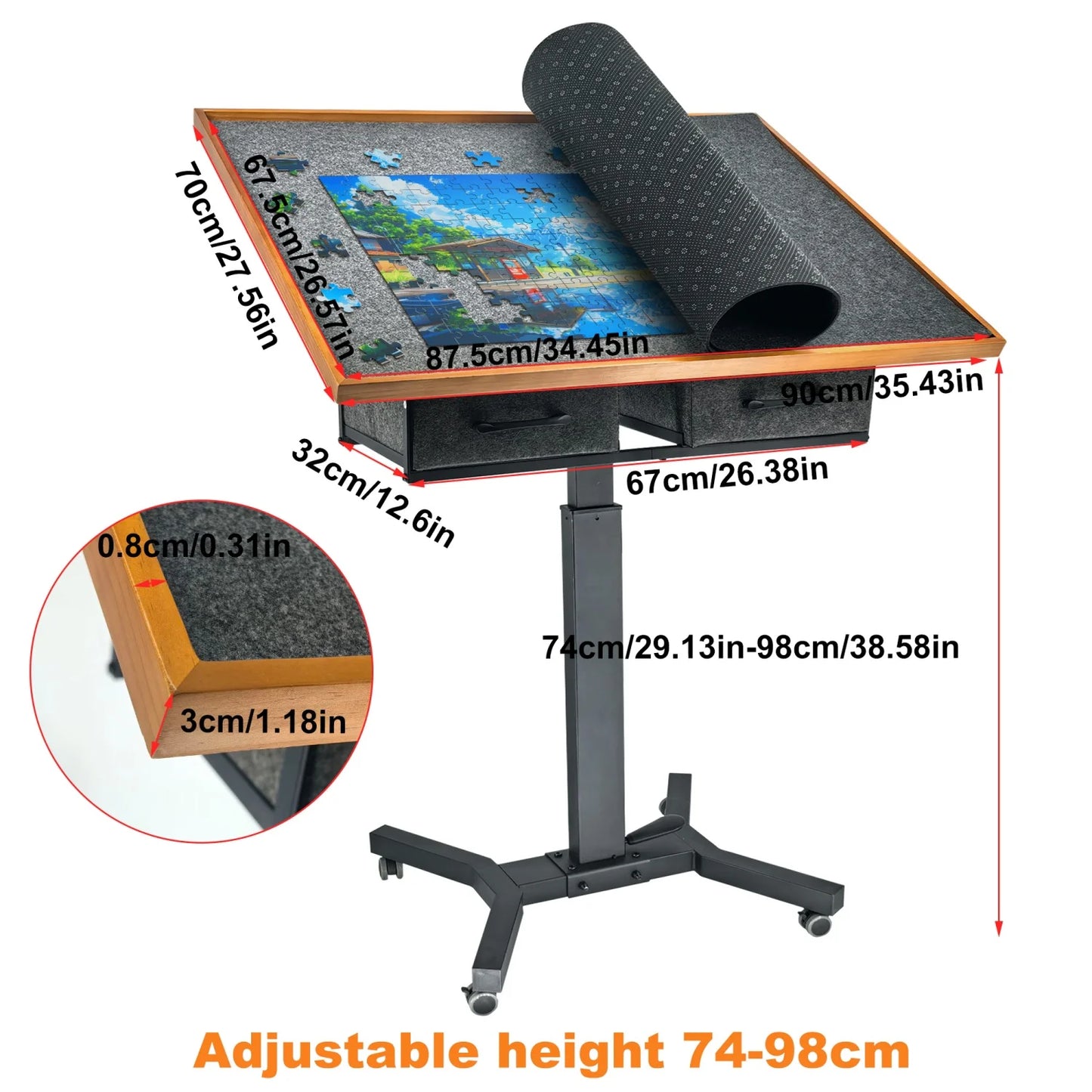Jigsaw Puzzle Table With Adjustable Tilt, Wheels, Drawers