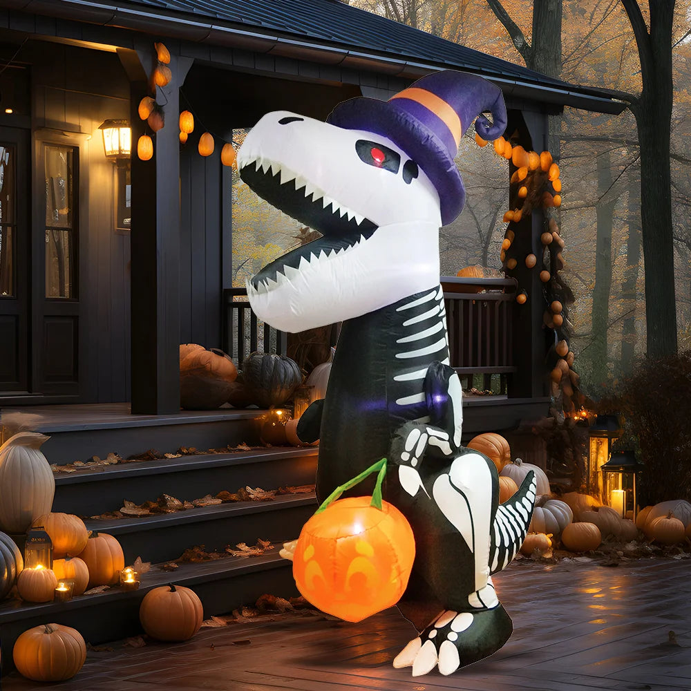 Joyfy Halloween Inflatable Skeleton Dinosaur With Pumpkin Yard Decor